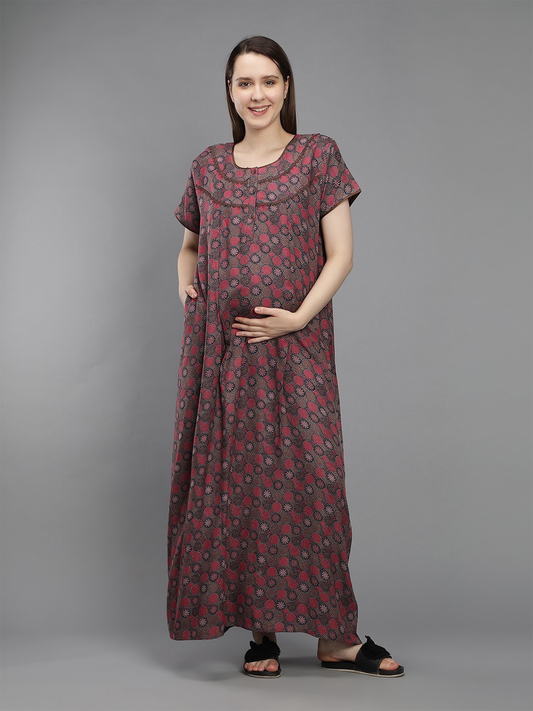 

NIGHTSPREE Women Pink Printed Maternity Cotton Maxi Nightdress