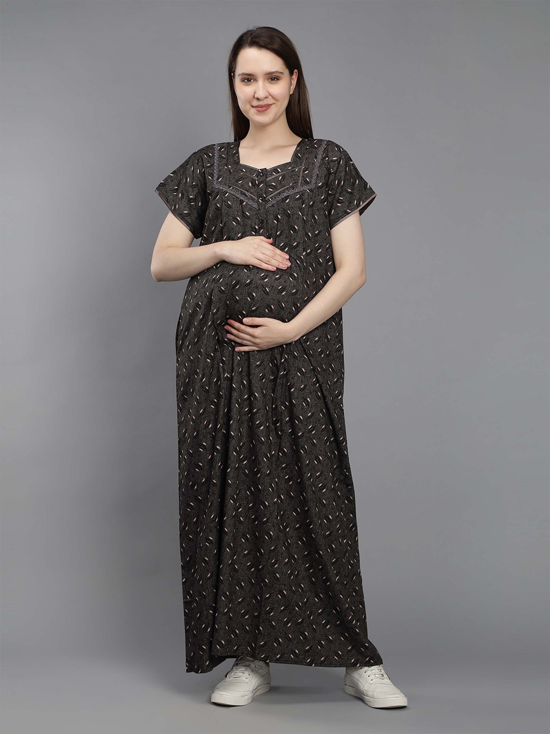 

NIGHTSPREE Women Black Printed Maternity Cotton Maxi Nightdress