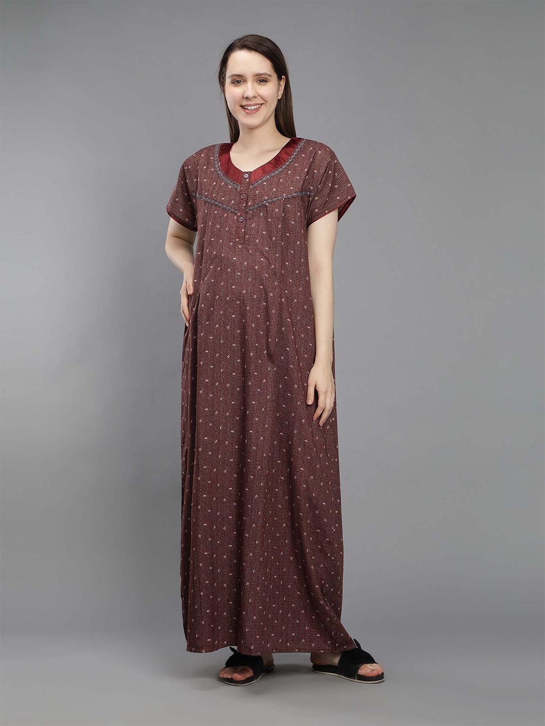 

NIGHTSPREE Women Maroon Printed Maternity Cotton Maxi Nightdress