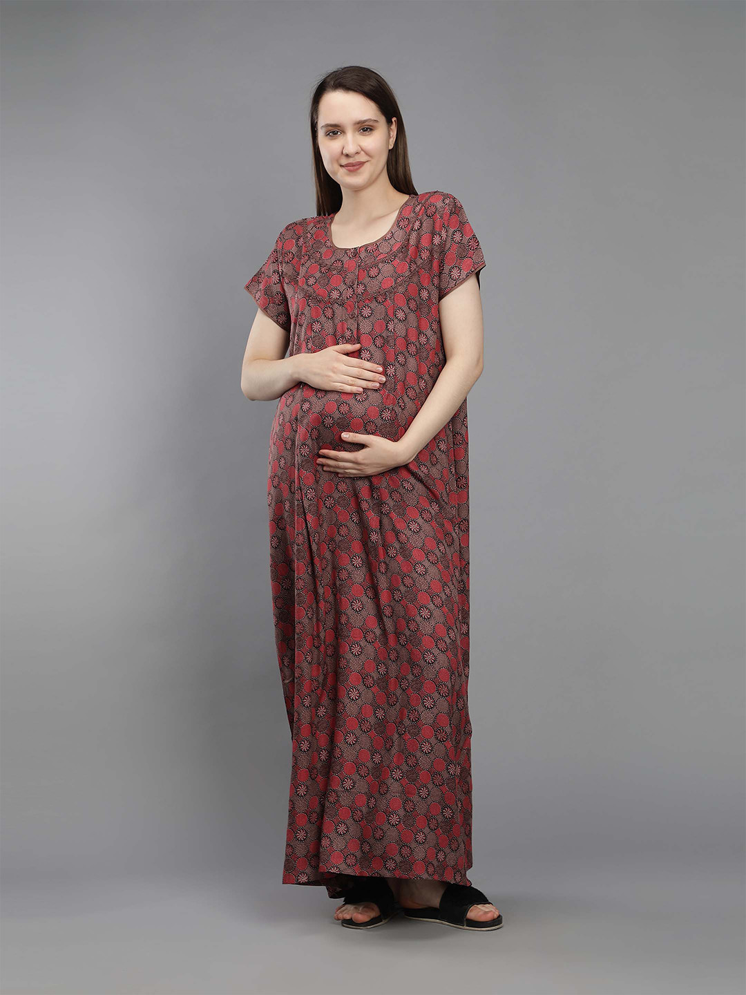 

NIGHTSPREE Women Peach-Coloured Printed Maternity Cotton Maxi Nightdress