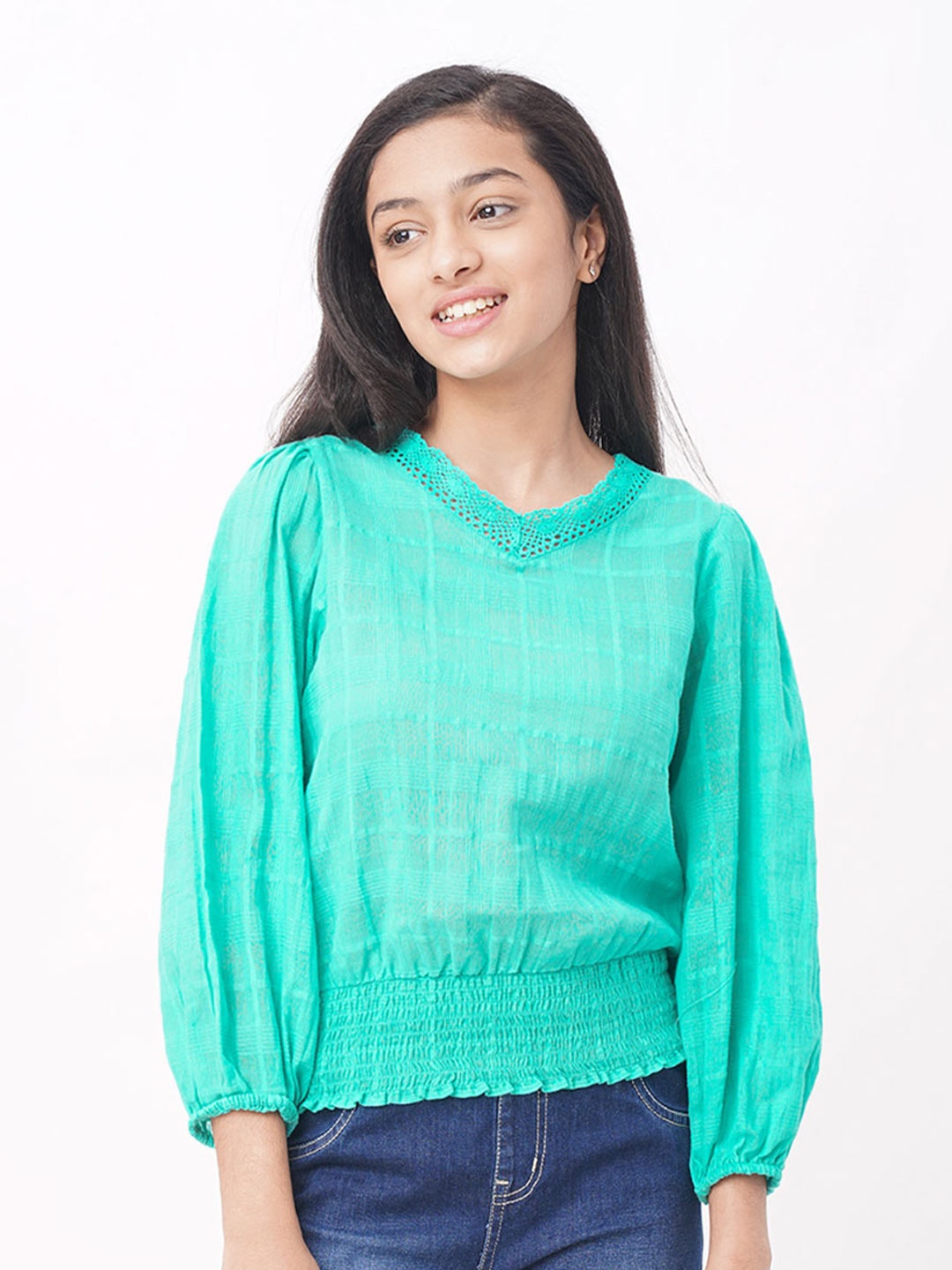 

edheads Girls Green Smocked Pure Cotton Top