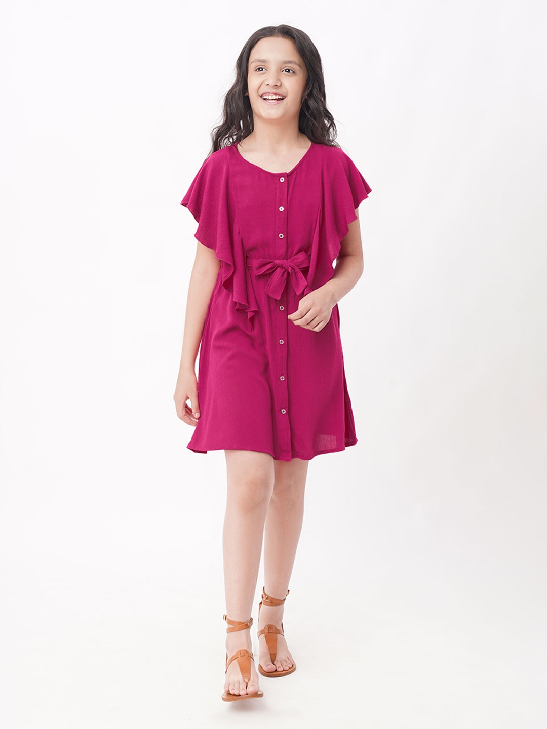 

edheads Round Neck Flutter Sleeves Dress, Pink