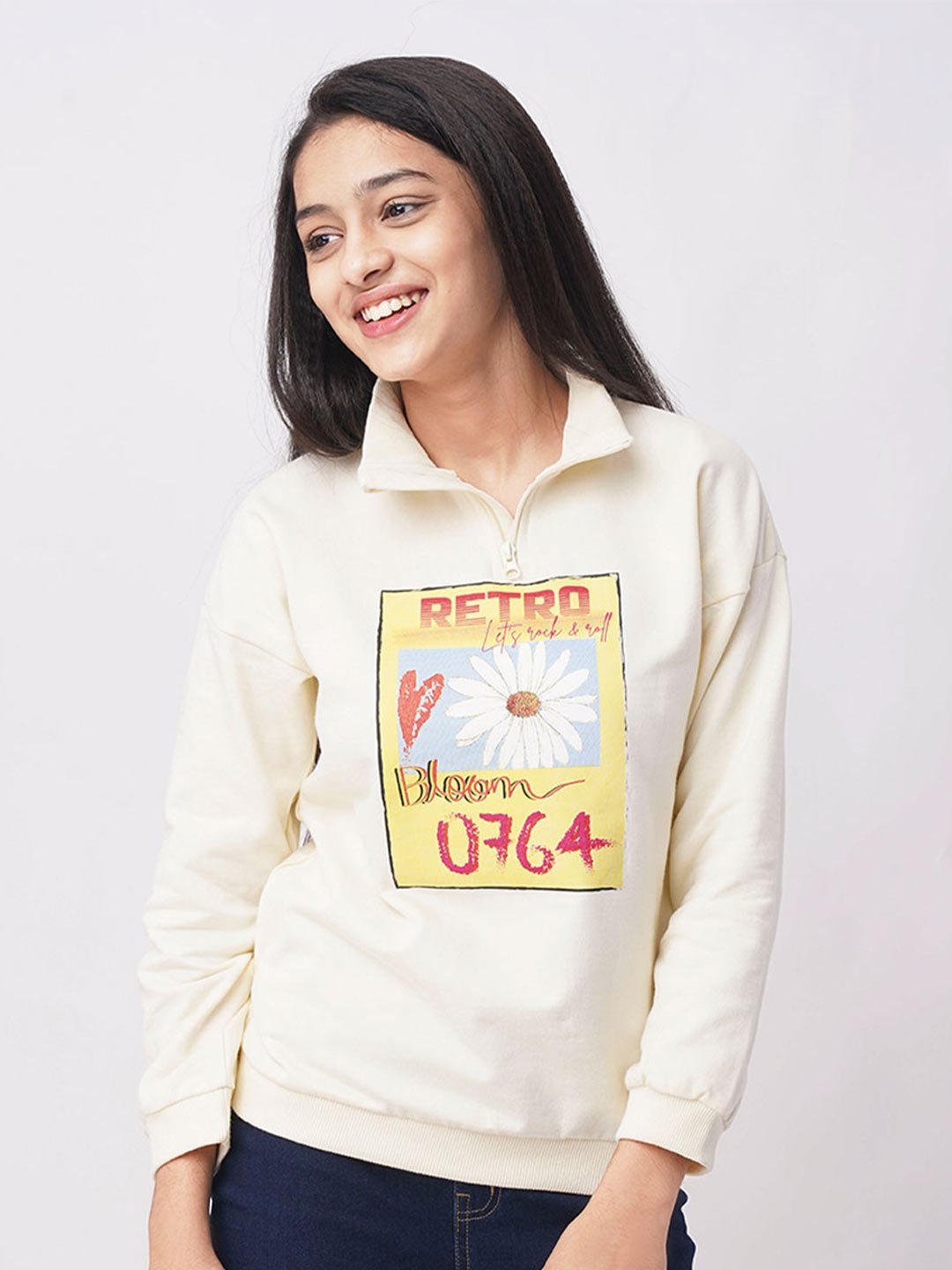 

edheads Girls Off White Printed Cotton Sweatshirt