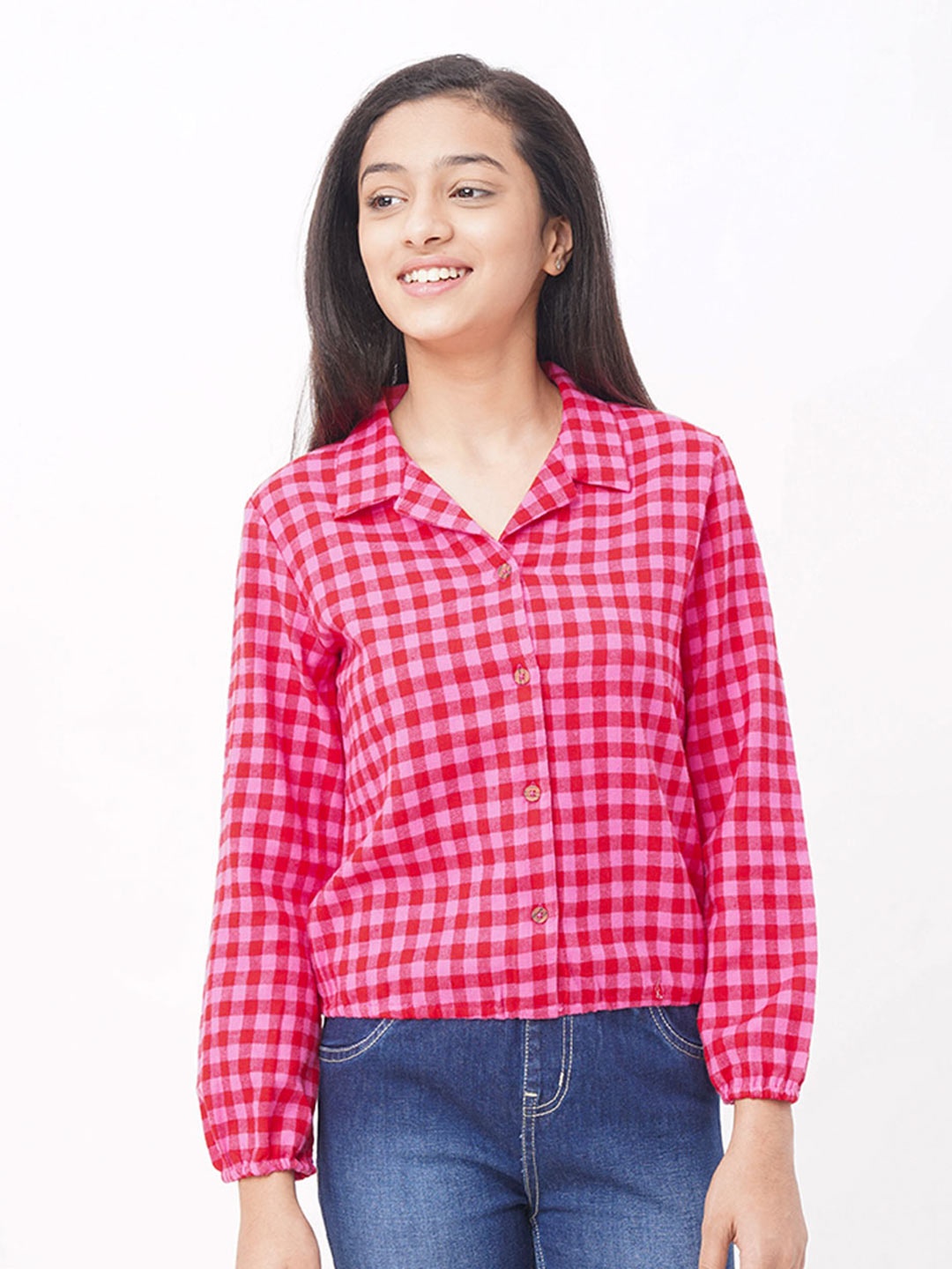 

edheads Girls Pink Checked Shirt Style Pure Cotton Top