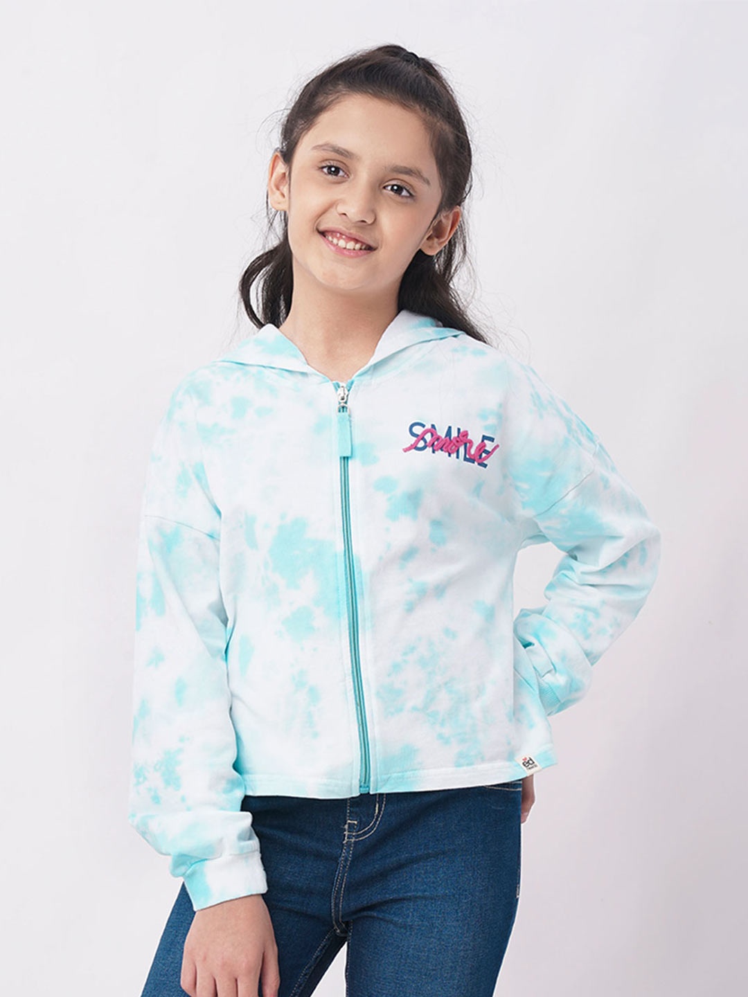 

edheads Girls Blue Printed Tie & Dyed Hooded Cotton Sweatshirt