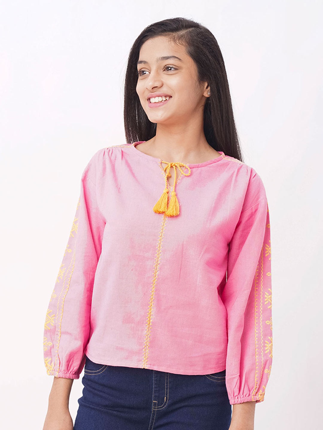 

edheads Girls Pink & Orange Tie-Up Neck Pure Cotton Top
