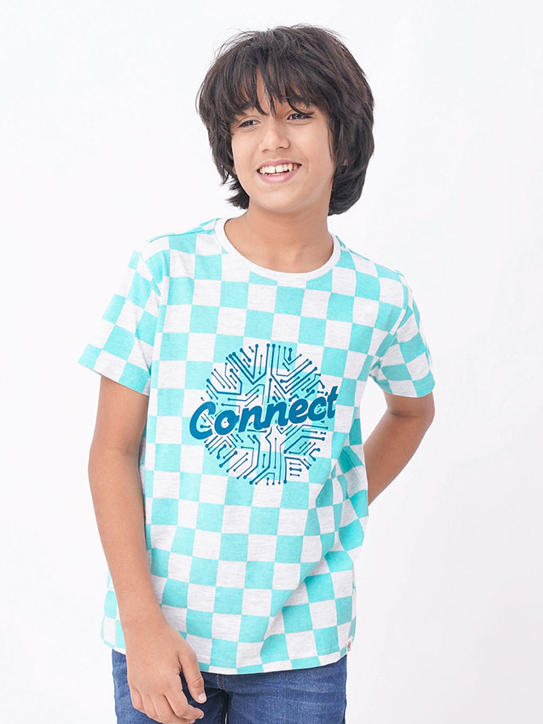 

edheads Boys Blue & White Checked Printed Cotton T-shirt