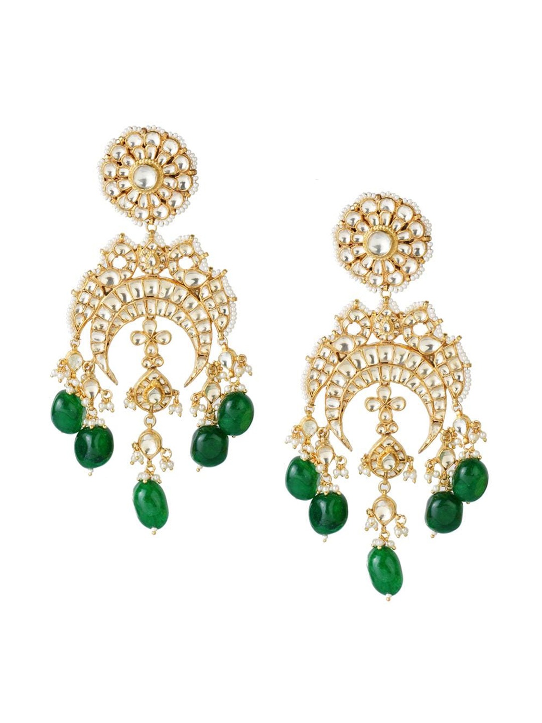 

AURAA TRENDS Women 22KT Gold Plated Green & White Contemporary Chandbalis Earrings