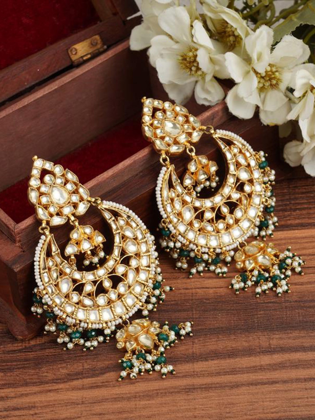 

AURAA TRENDS Women 22KT Gold Plated Green Classic Chandbalis Earrings