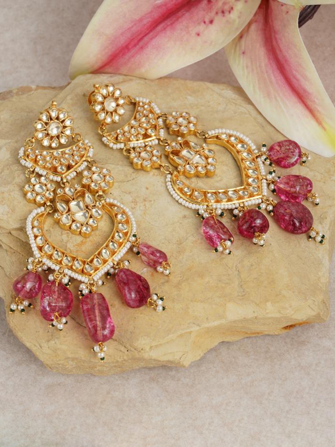 

AURAA TRENDS Pink & 22KT Gold Plated Contemporary Drop Earrings