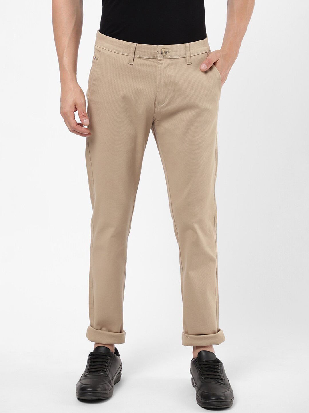 

R&B Men Beige Cotton Chinos Trousers