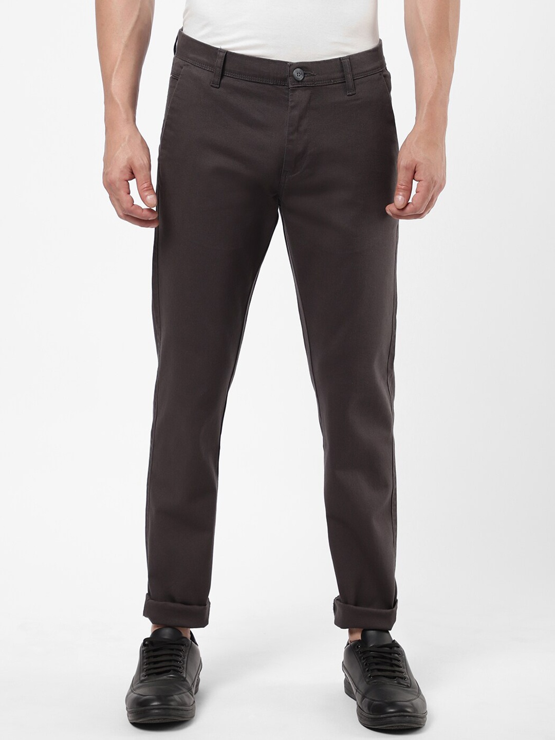 

R&B Men Grey Cotton Chinos Trousers, Charcoal