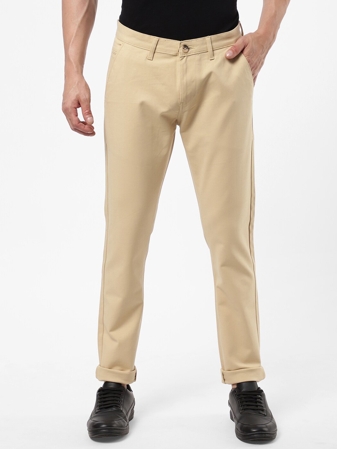 

R&B Men Beige Cotton Chinos Trousers