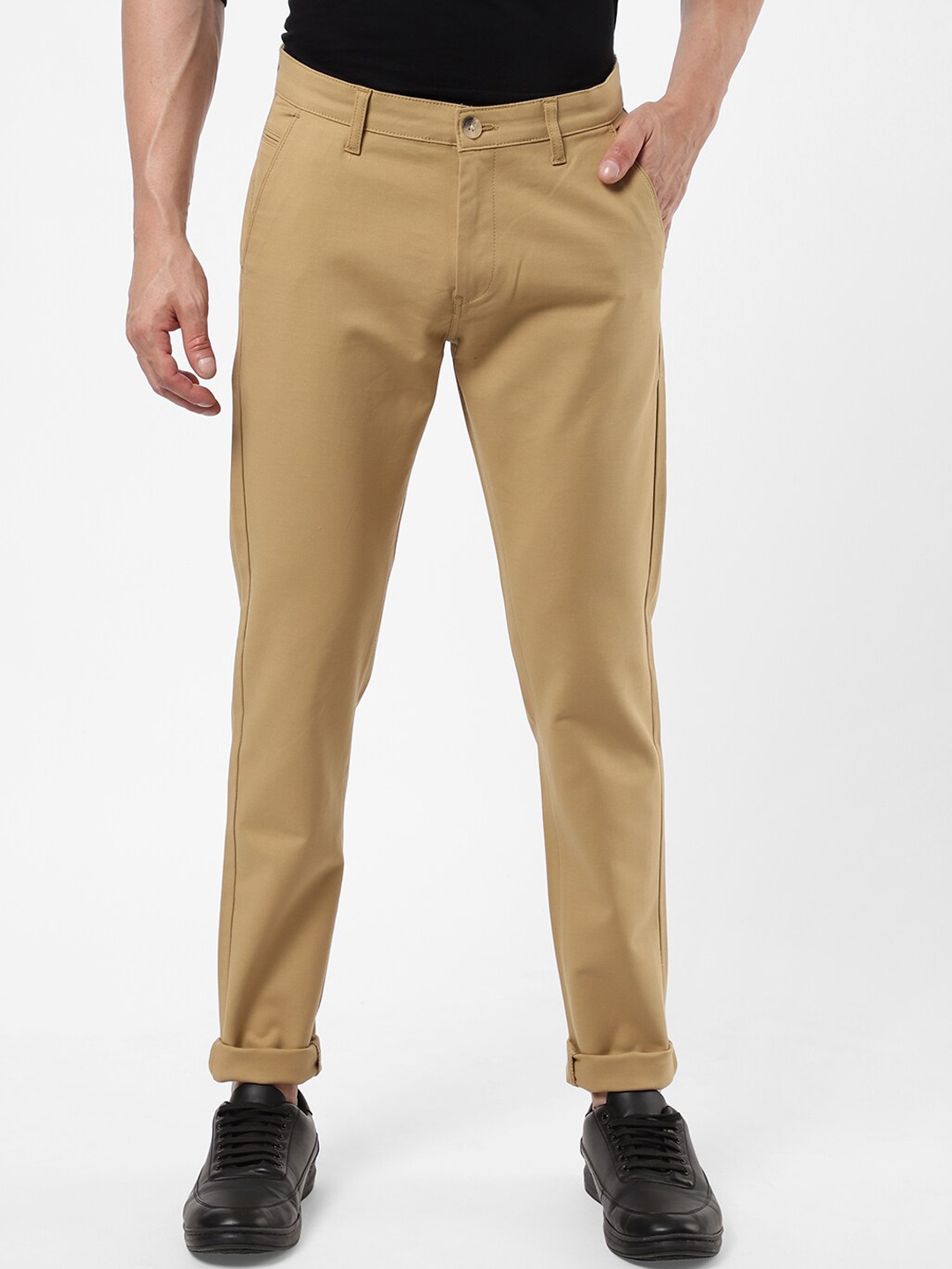 

R&B Men Beige Cotton Chinos Trousers