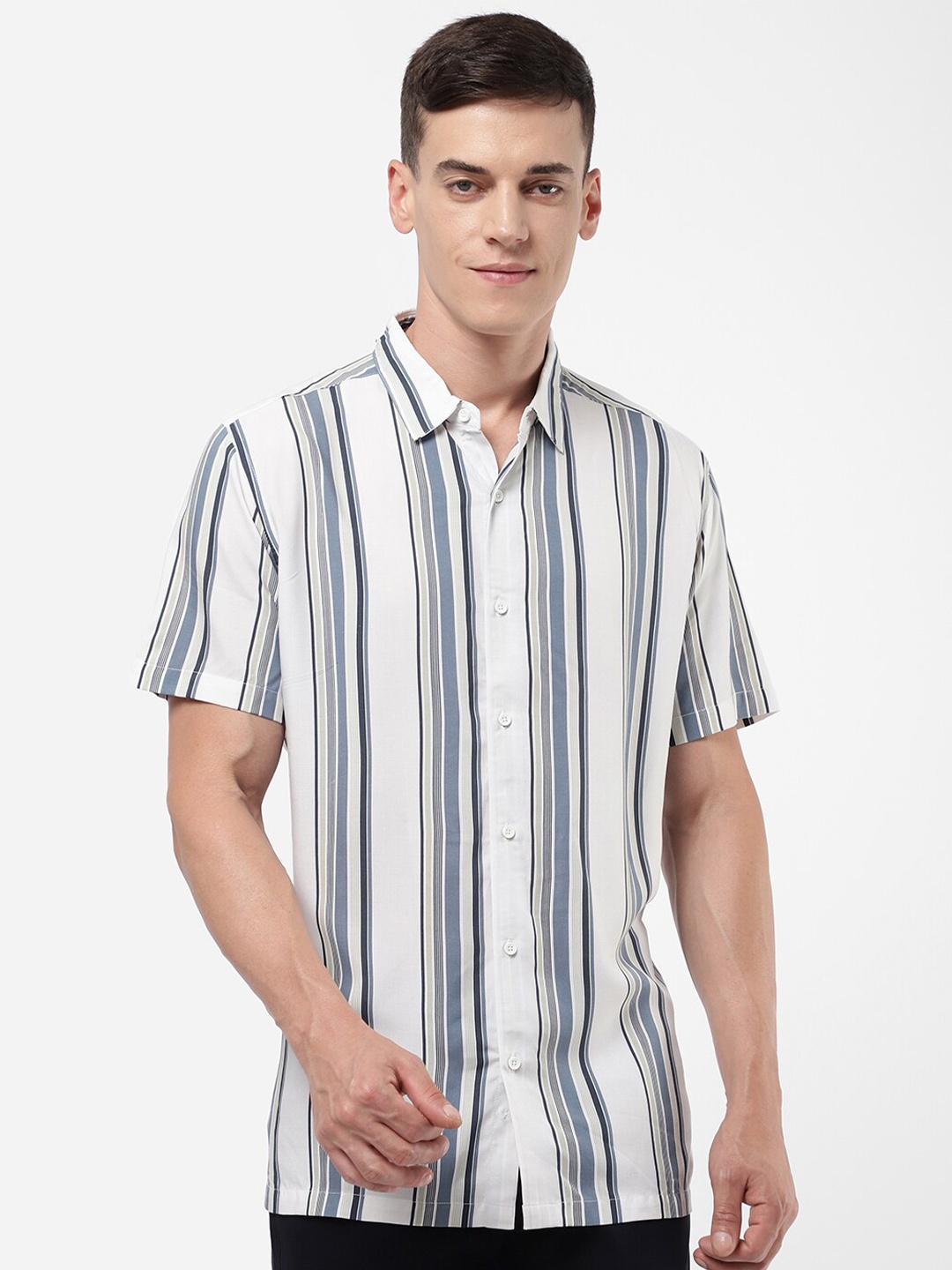 

R&B Men White Striped Cotton Casual Shirt