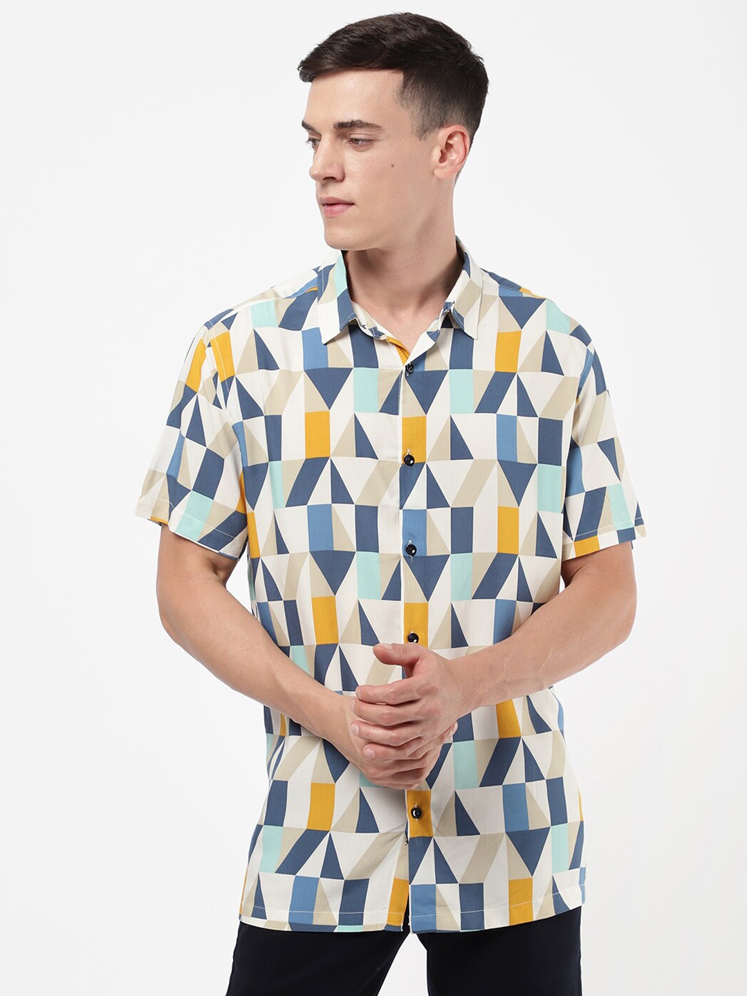 

R&B Men Blue & White Printed Cotton Casual Shirt
