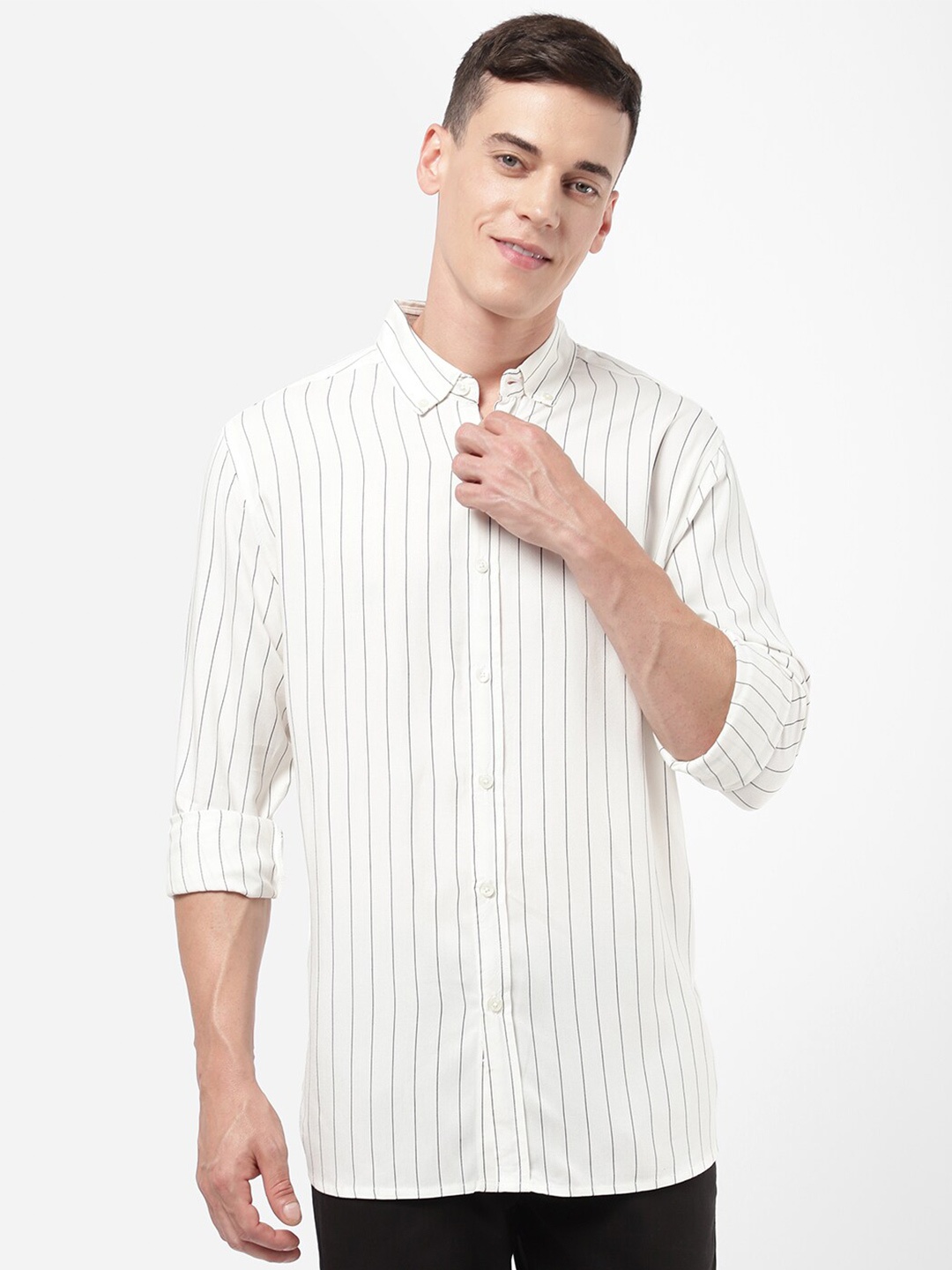 

R&B Men Striped Cotton Casual Shirt, Off white