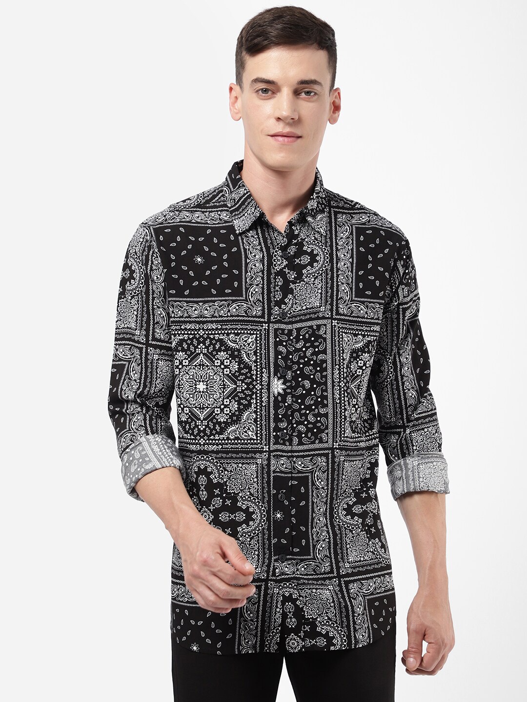 

R&B Men Black Printed Cotton Casual Shirt