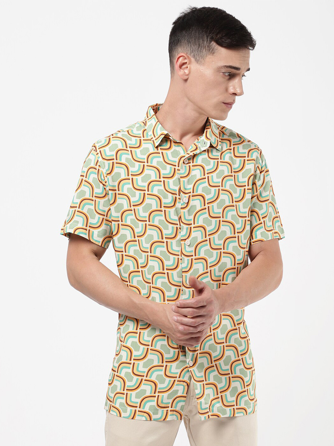 

R&B Men Printed Cotton Casual Shirt, Green