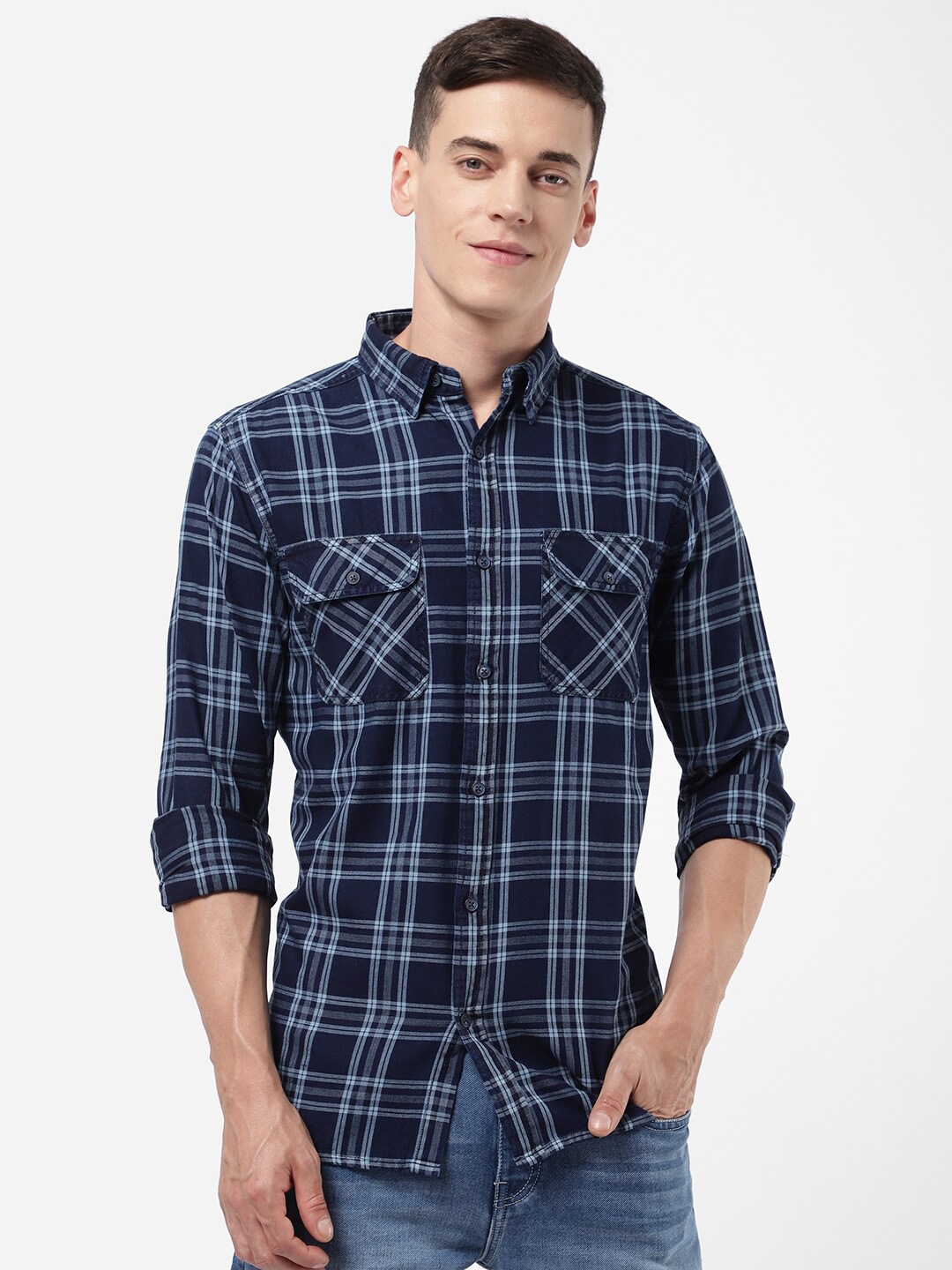 

R&B Men Tartan Checked Cotton Casual Shirt, Navy blue