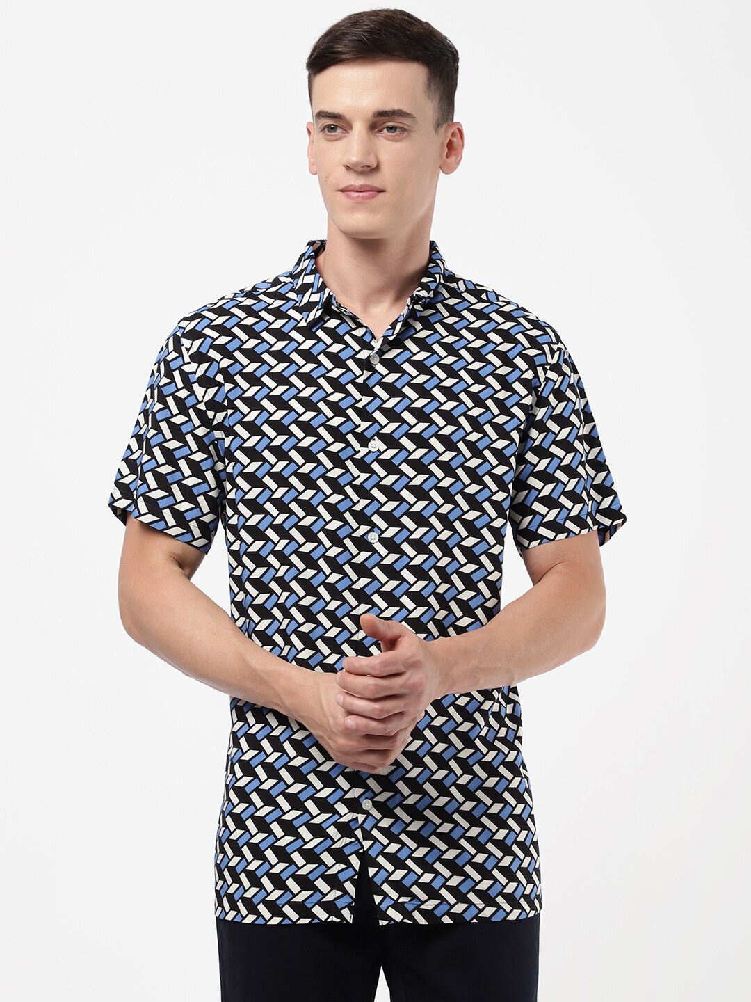 

R&B Men Printed Cotton Casual Shirt, Blue