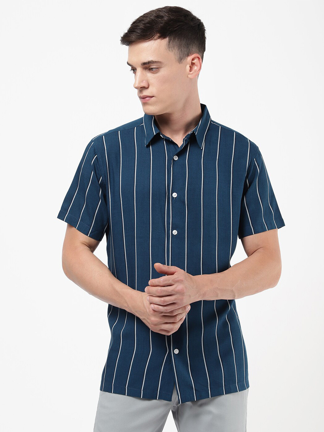 

R&B Men Striped Cotton Casual Shirt, Blue