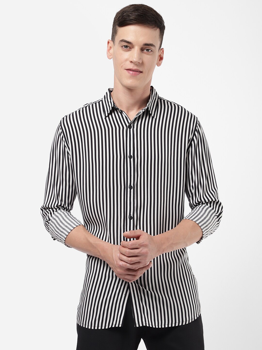 

R&B Men Striped Cotton Casual Shirt, Black