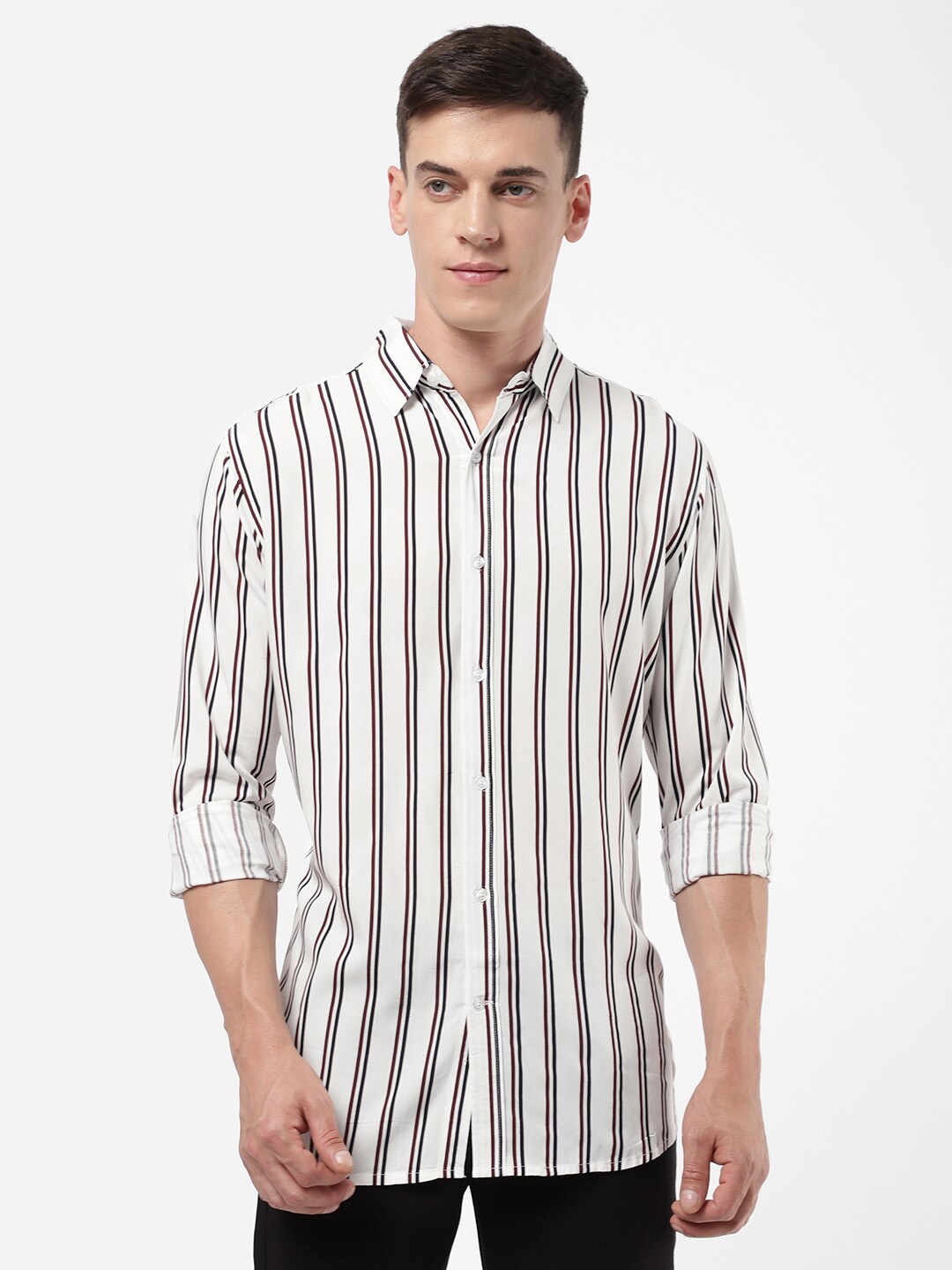

R&B Men Striped Cotton Casual Shirt, White