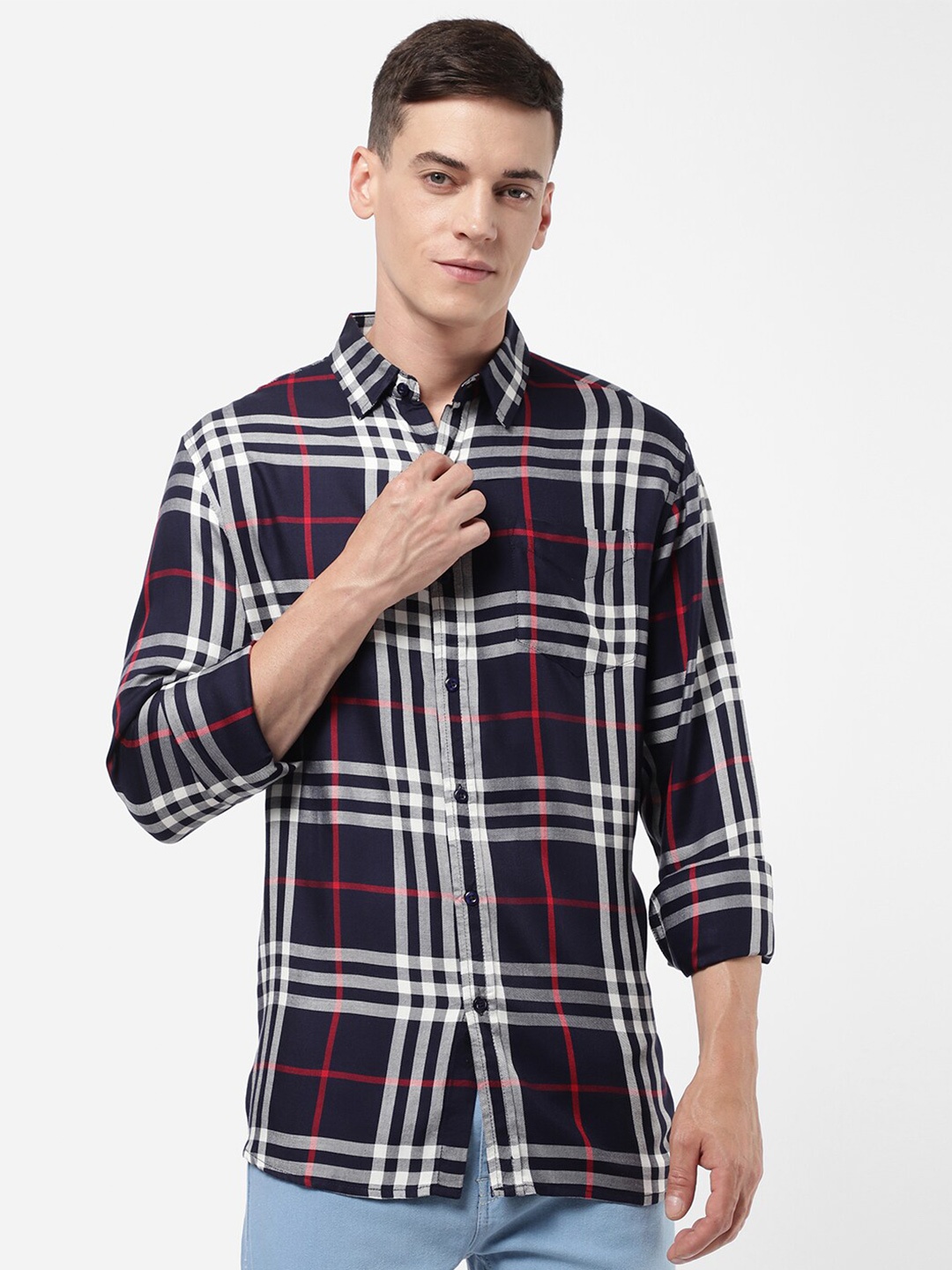 

R&B Tartan Checks Checked Cotton Casual Shirt, Navy blue