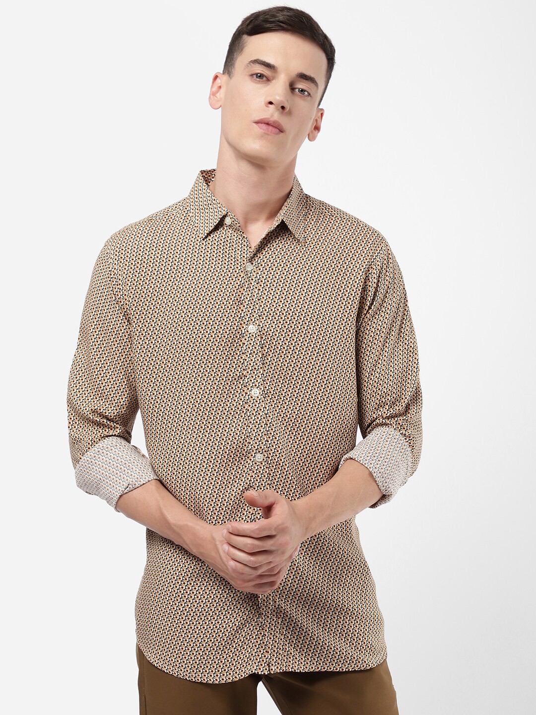 

R&B Men Printed Cotton Casual Shirt, Beige