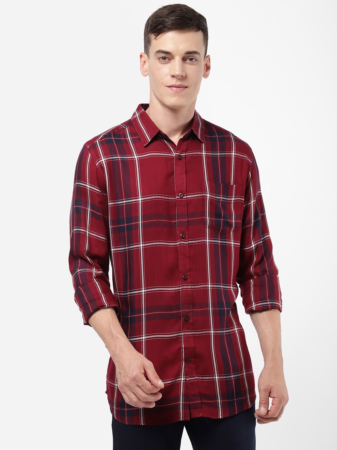 

R&B Men Tartan Checks Checked Cotton Casual Shirt, Maroon