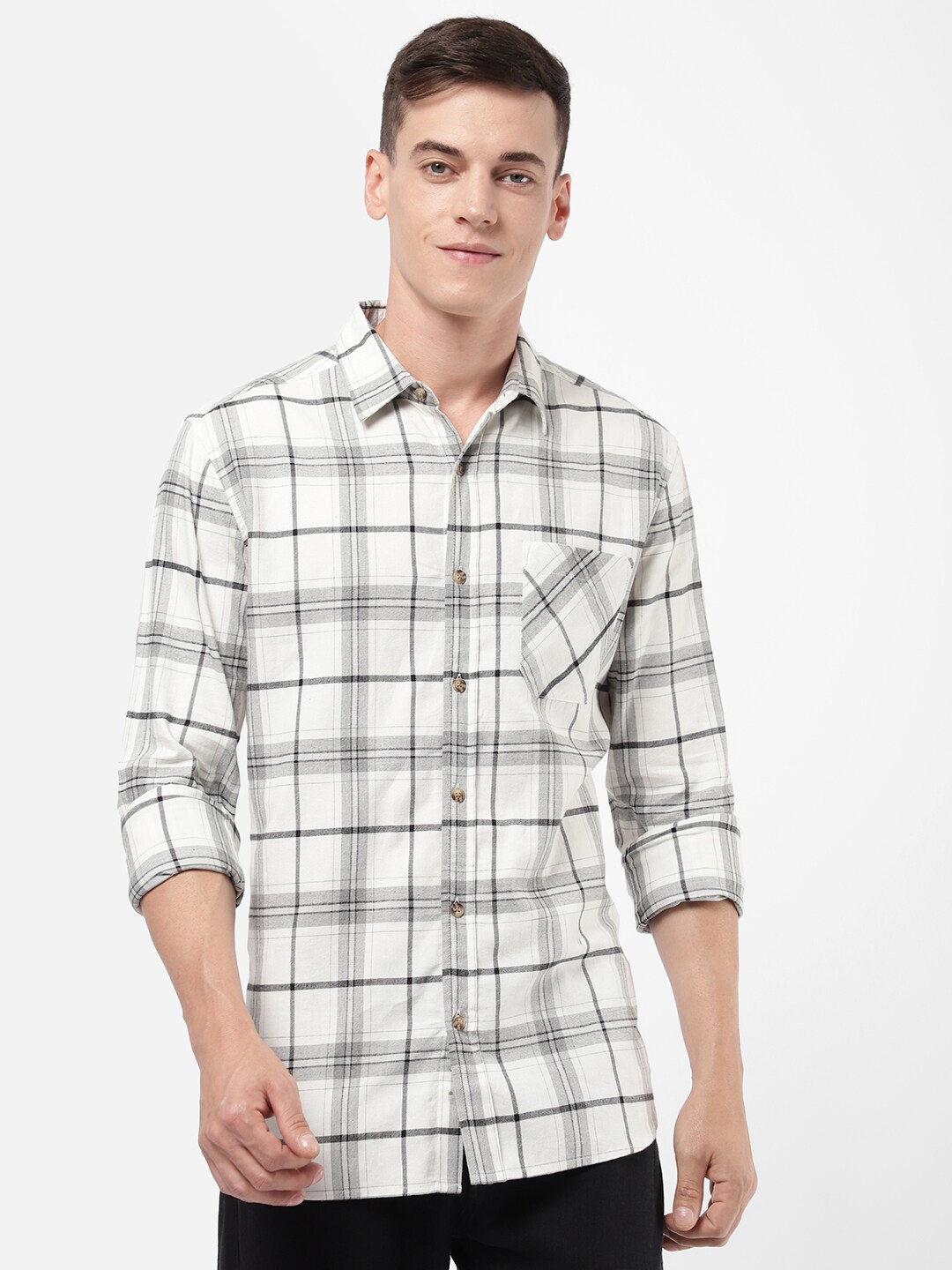 

R&B Tartan Checks Checked Cotton Casual Shirt, White