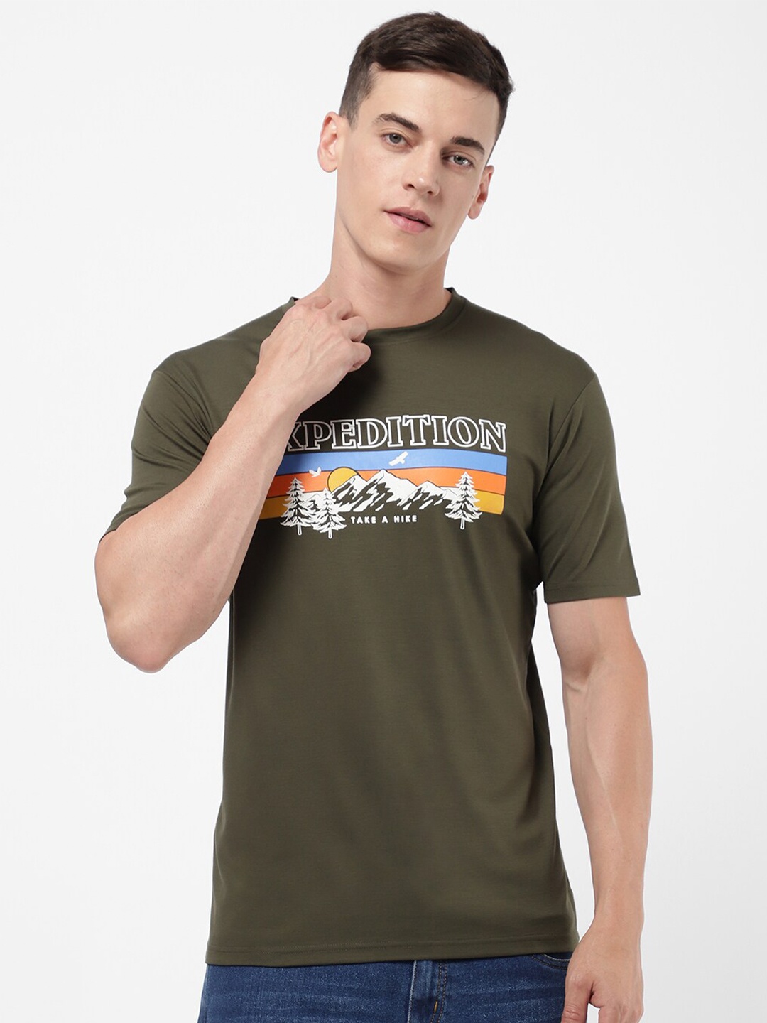 

R&B Men Olive Green Typography Printed T-shirt