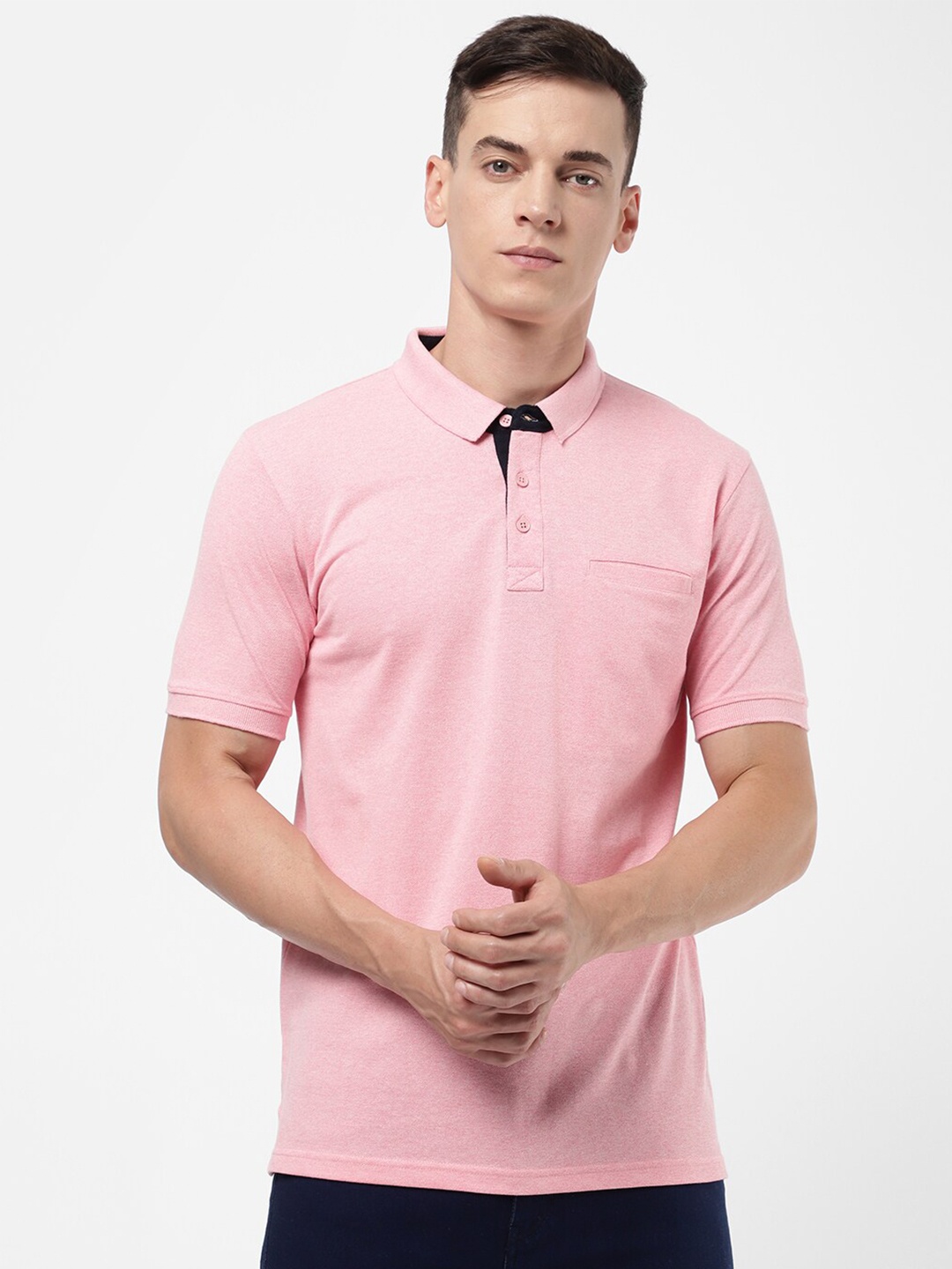 

R&B Men Pink Polo Collar Cotton T-shirt