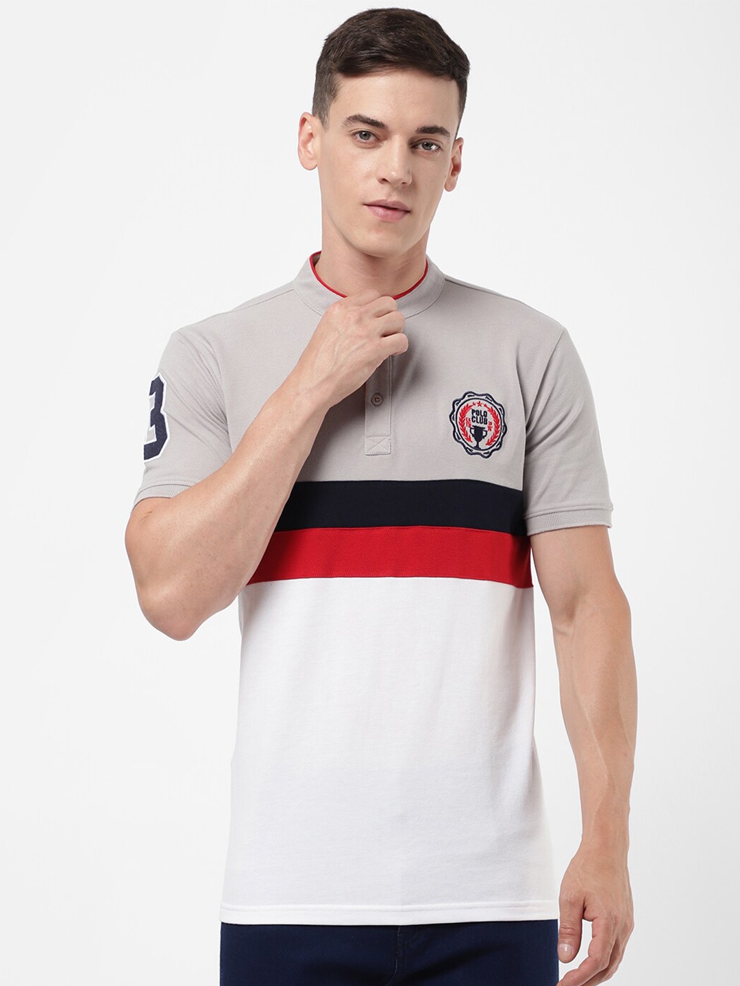 

R&B Men Grey Colourblocked Mandarin Collar T-shirt