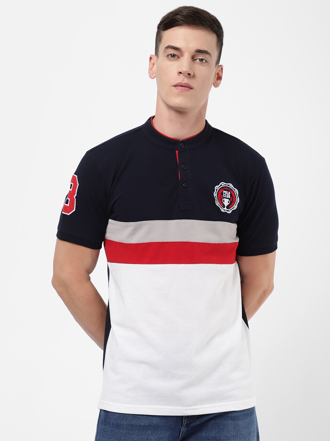 

R&B Men Navy Blue & White Colourblocked Mandarin Collar T-shirt