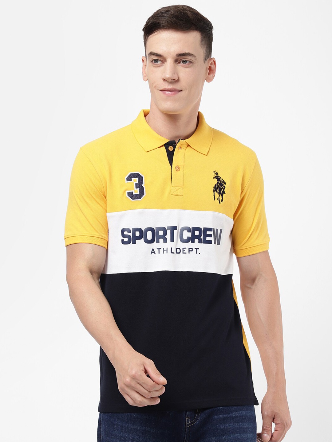

R&B Men Yellow Cotton Colourblocked Polo Collar T-shirt