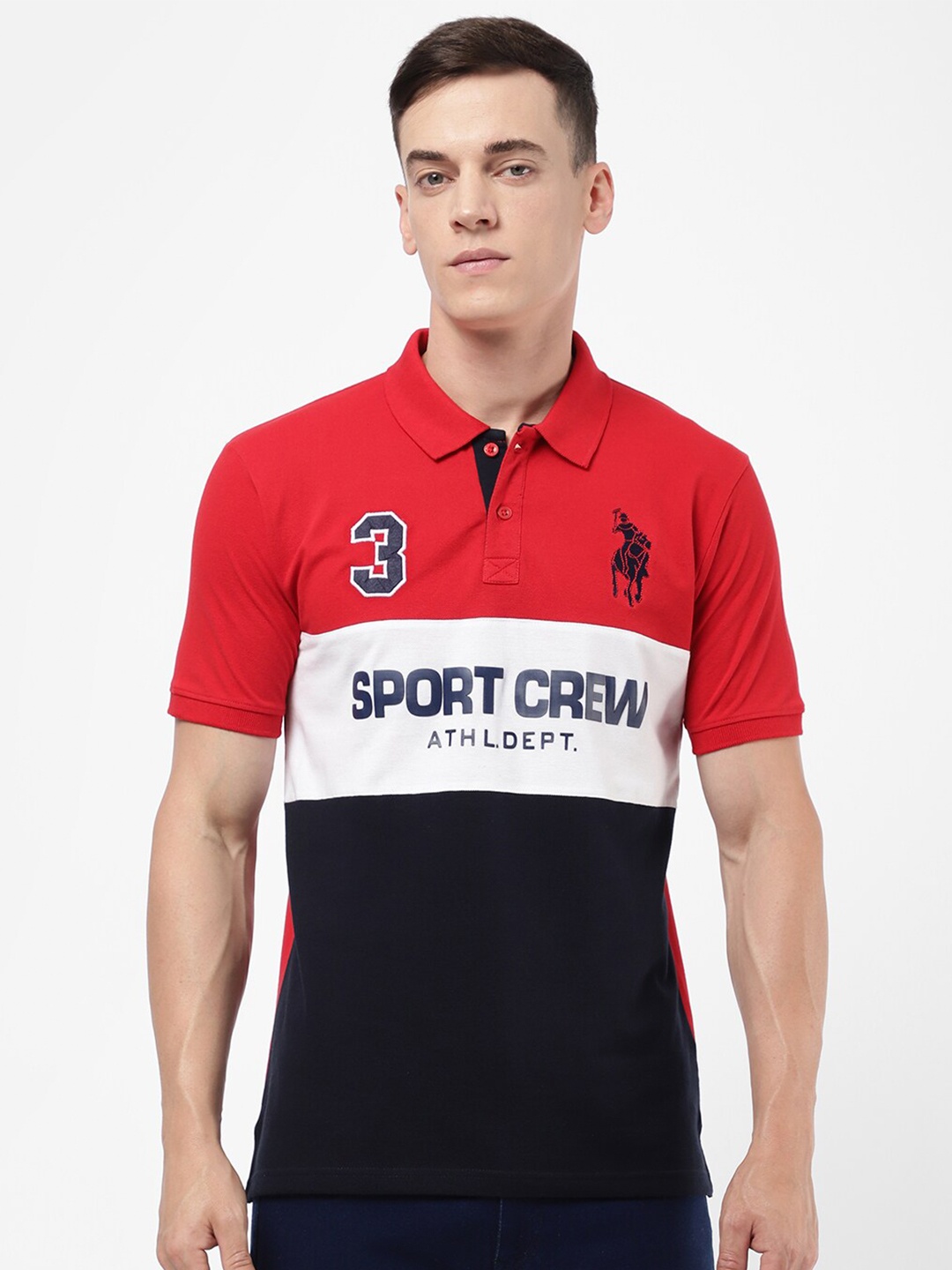 

R&B Men Red Colourblocked Polo Collar T-shirt