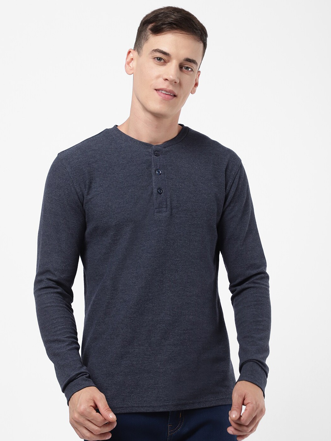 

R&B Men Navy Blue Henley Neck Cotton T-shirt