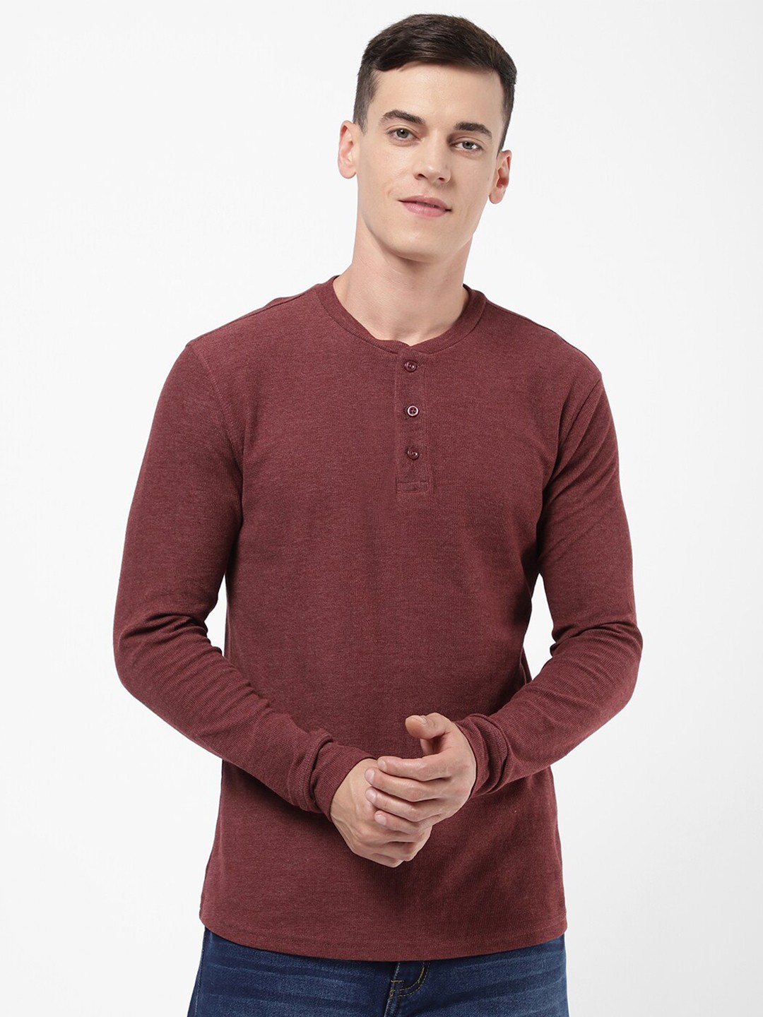 

R&B Men Purple Henley Neck Cotton T-shirt