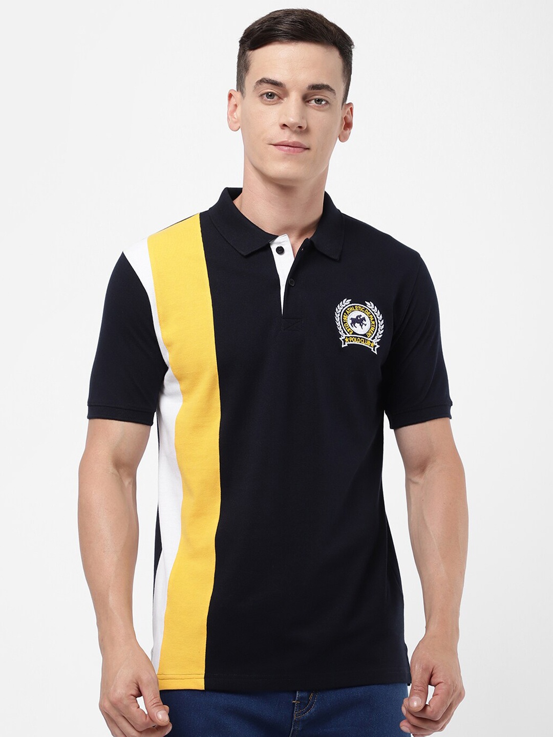 

R&B Men Blue Colourblocked Polo Collar Cotton T-shirt