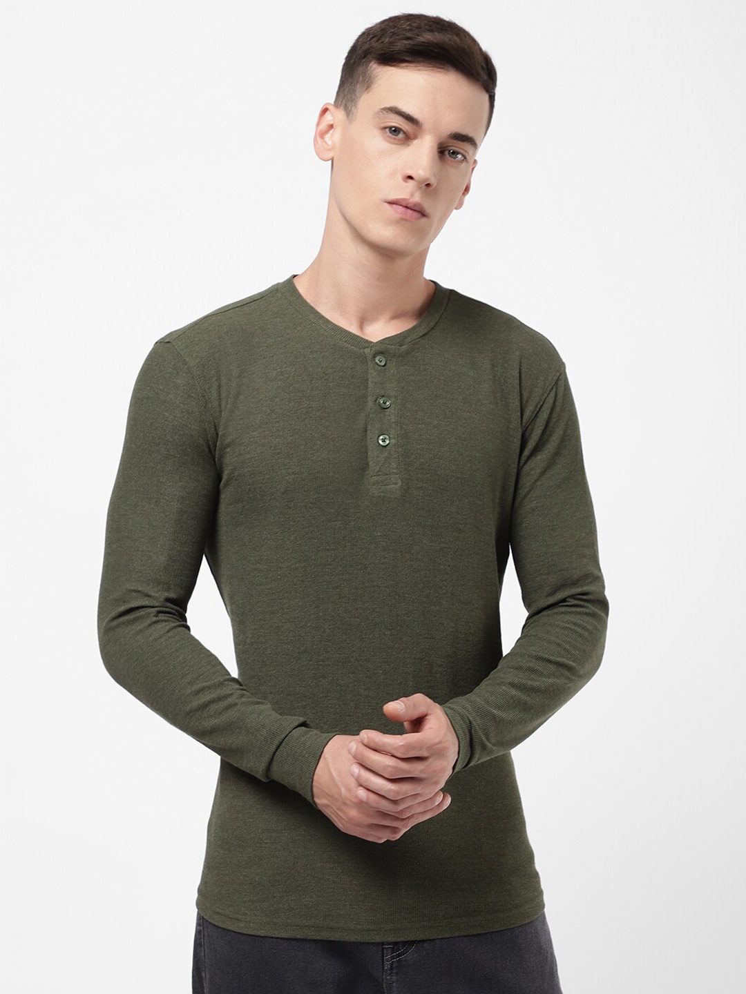 

R&B Men Olive Green Henley Neck Cotton T-shirt