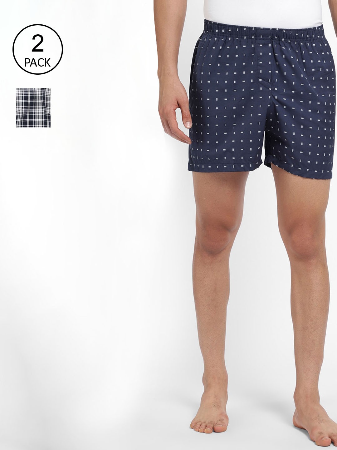 

R&B Pack Of 2 Blue & White Checked Pure Cotton Boxers