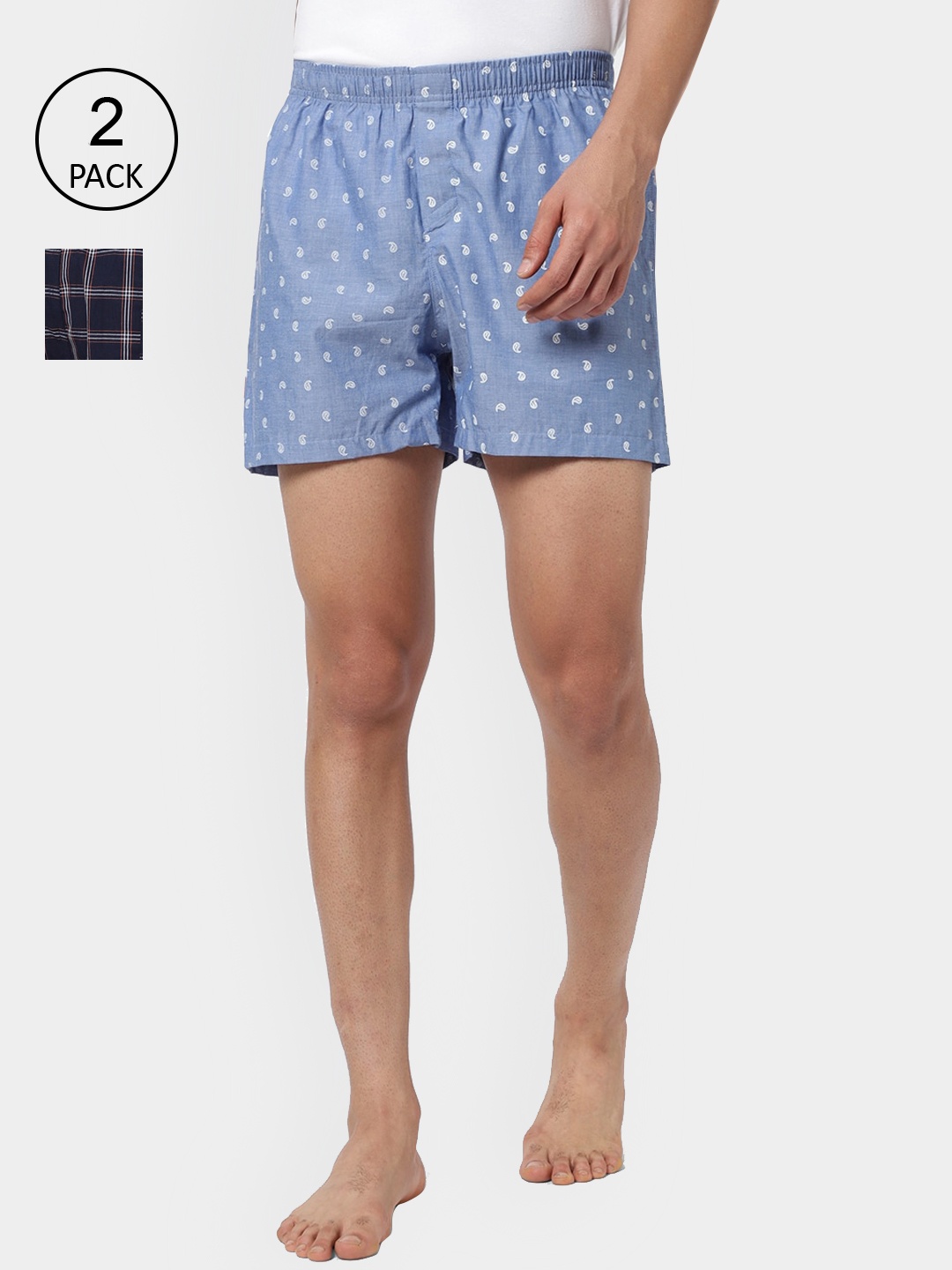 

R&B Men Plus Size Pack Of 2 Printed Pure Cotton Boxers, Navy blue