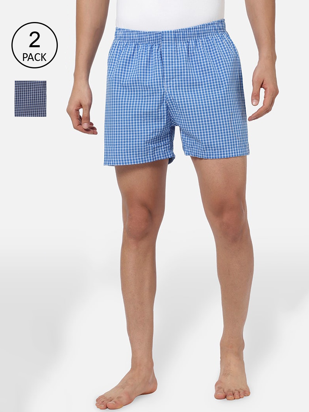 

R&B Men Pack Of 2 Checked Pure Cotton Boxers, Blue