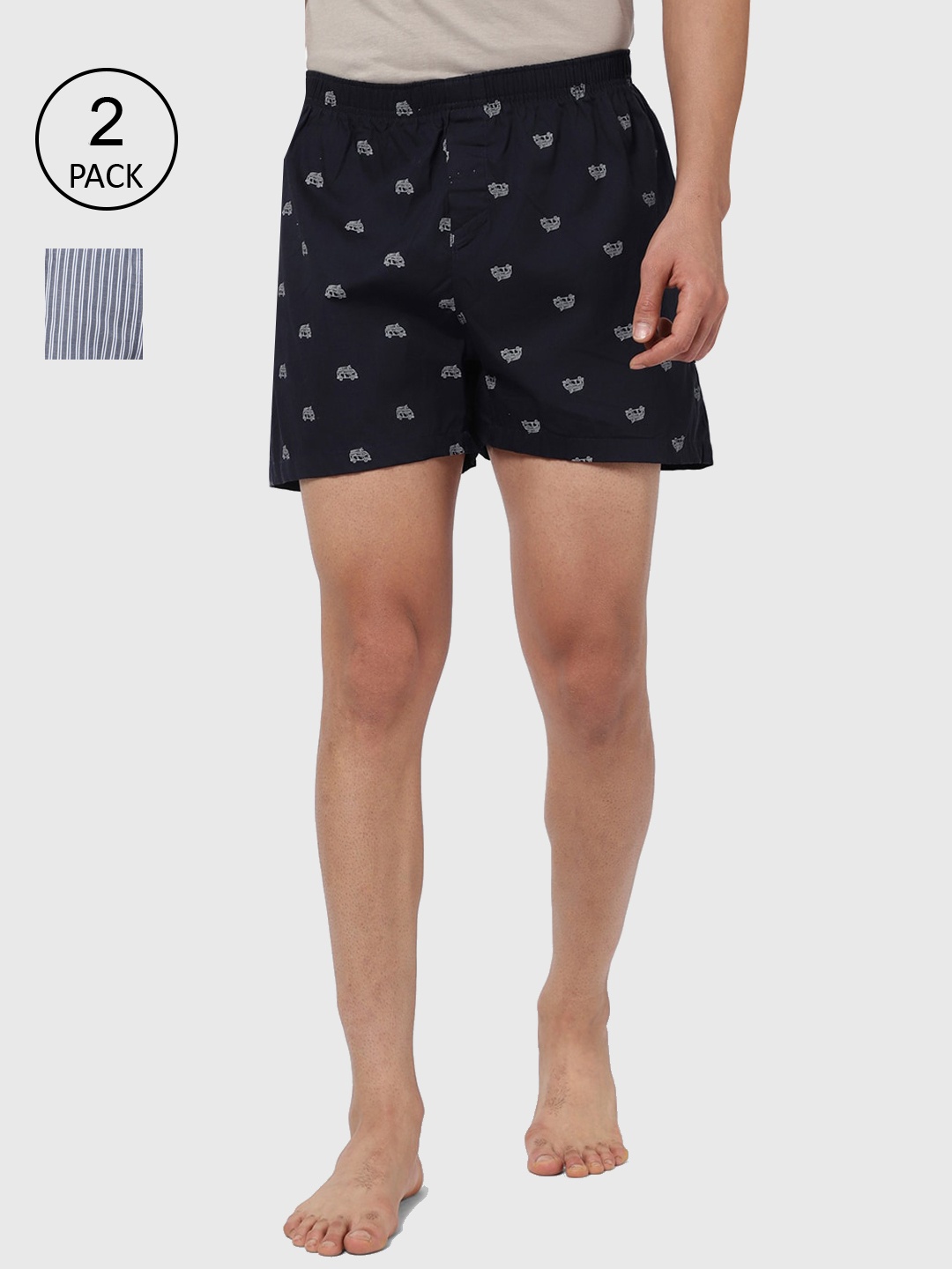 

R&B Men Pack Of 2 Blue & White Striped Cotton Boxers, Black