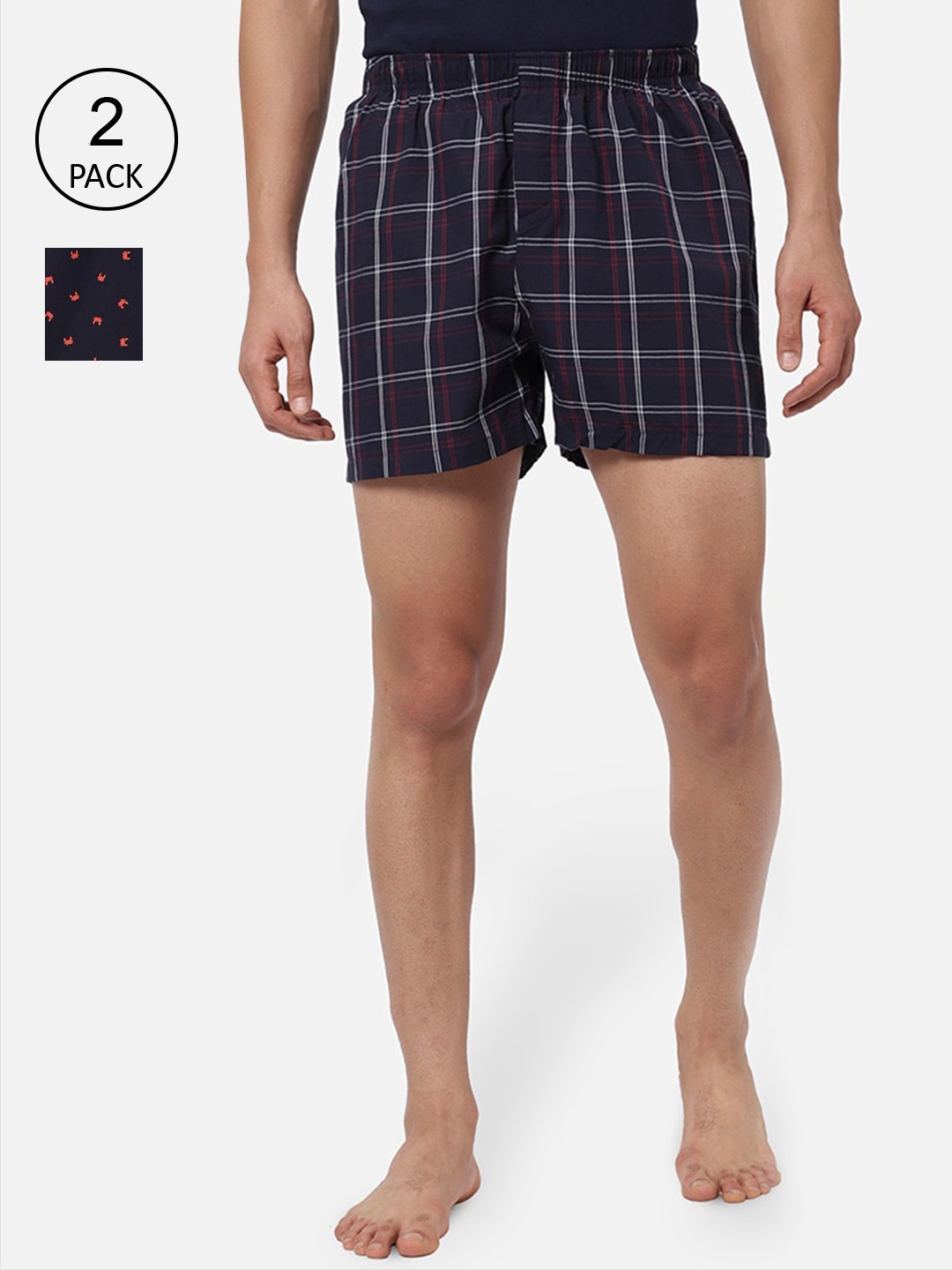 

R&B Men Pack of 2 Navy Blue Checked Pure Cotton Boxers