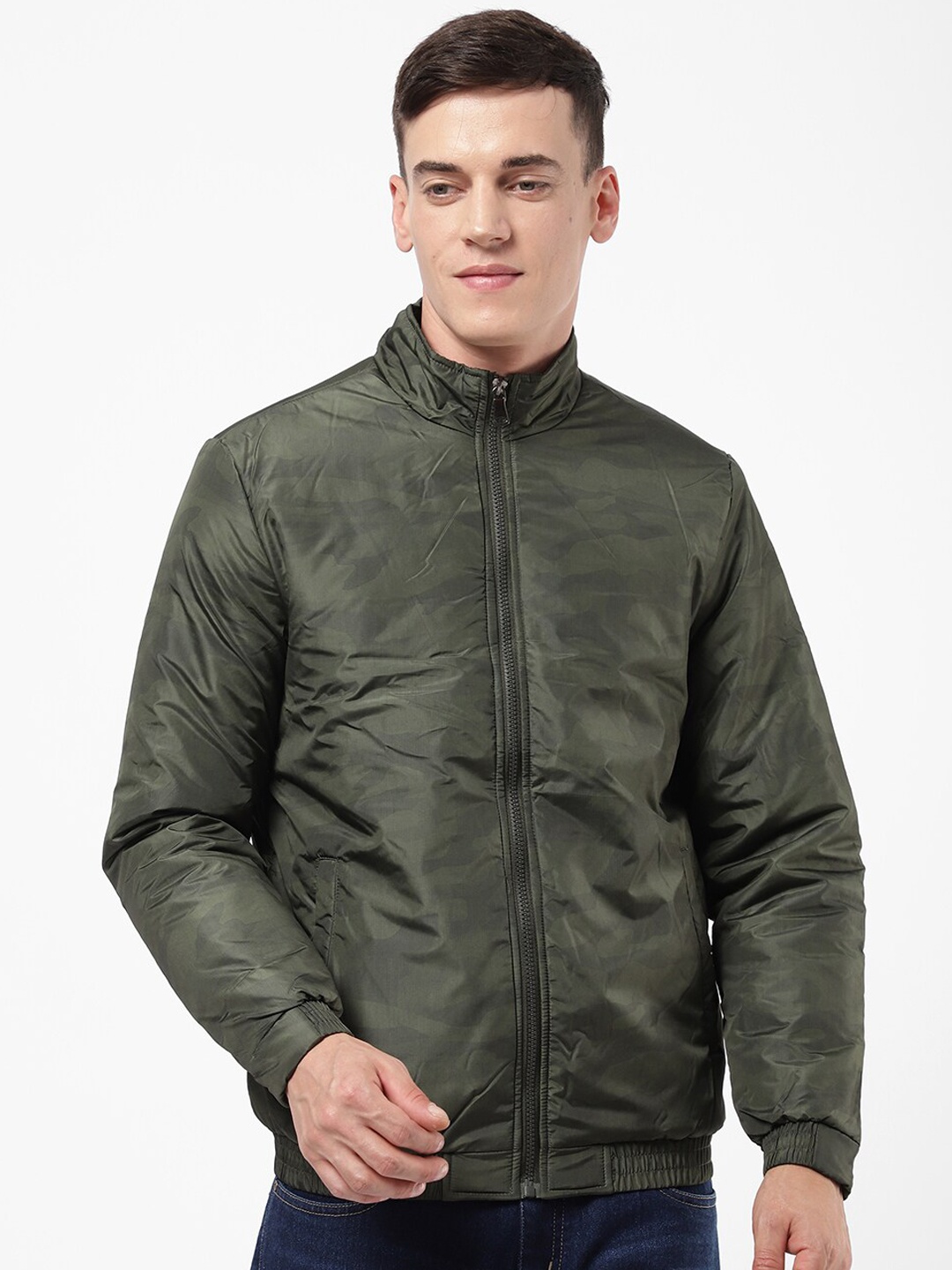 

R&B Men Olive Green Camouflage Cotton Bomber Jacket