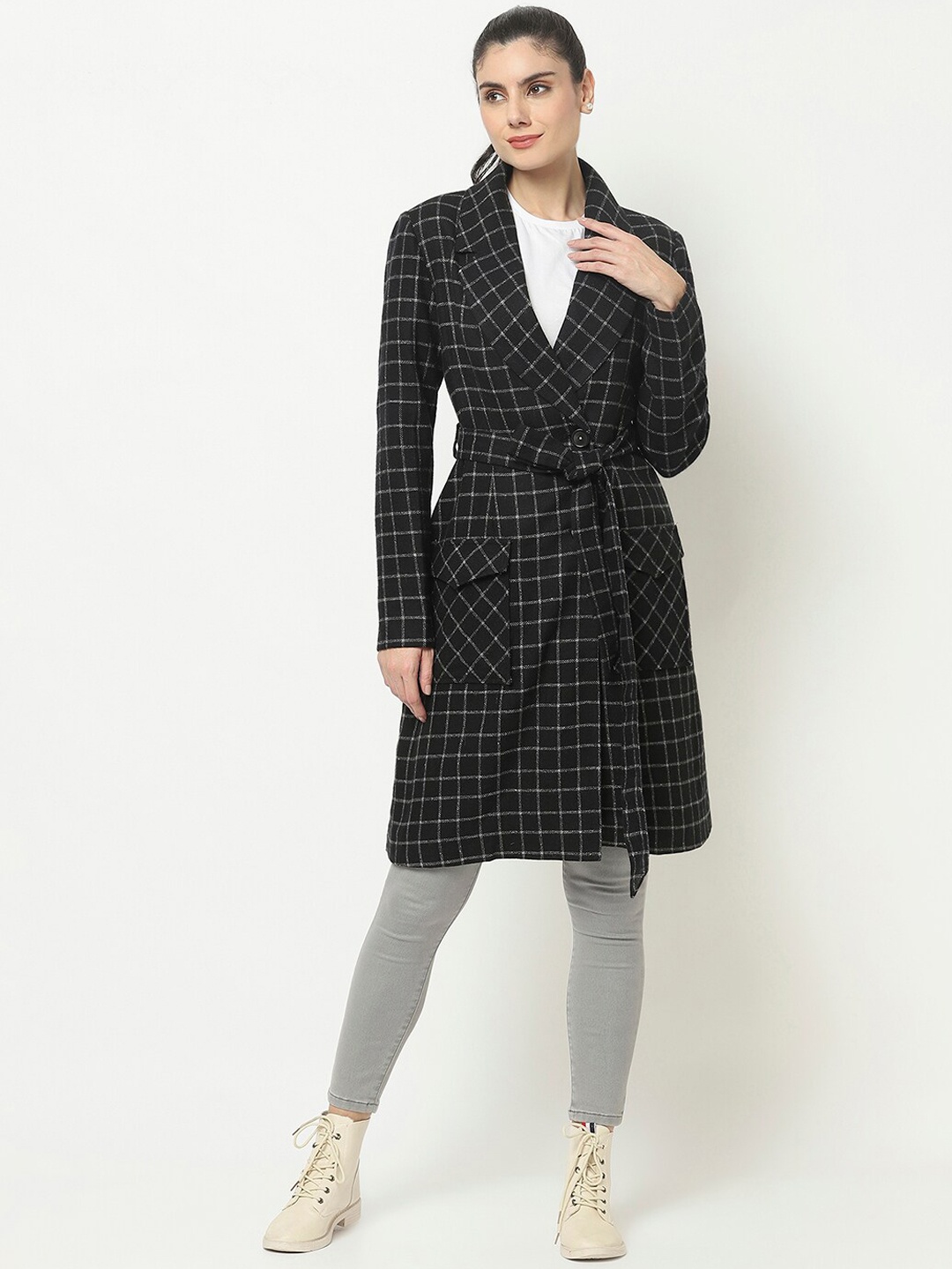 

Owncraft Women Black & White Checked Single-Breasted Woolen Trench Coat With Belt