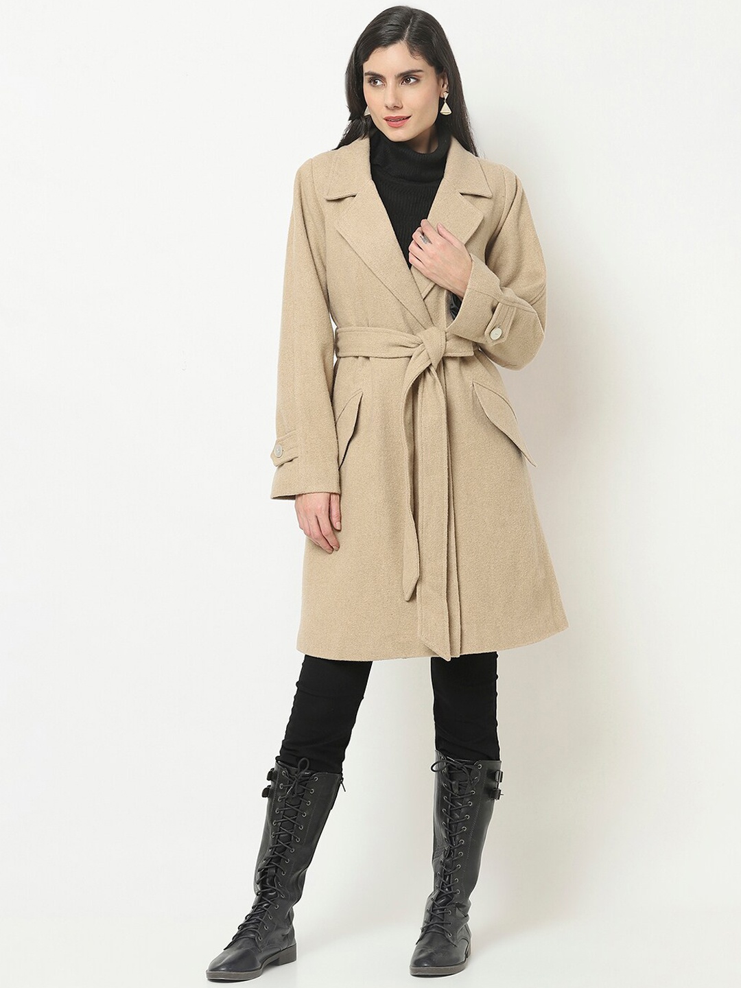 

Owncraft Women Beige Solid Woolen Trench Coat